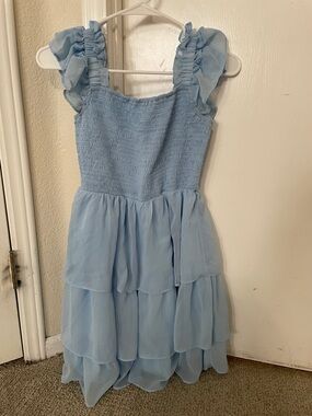 Girls' Light Blue Ruffle Strap Tiered Chiffon Dress